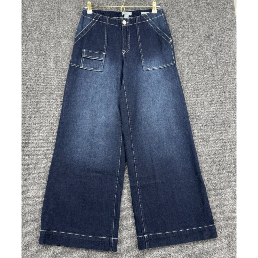 Forever 21 Wide Leg Jeans Womens Sz 27 Dark Wash Contrast Stitch Low Rise Boho